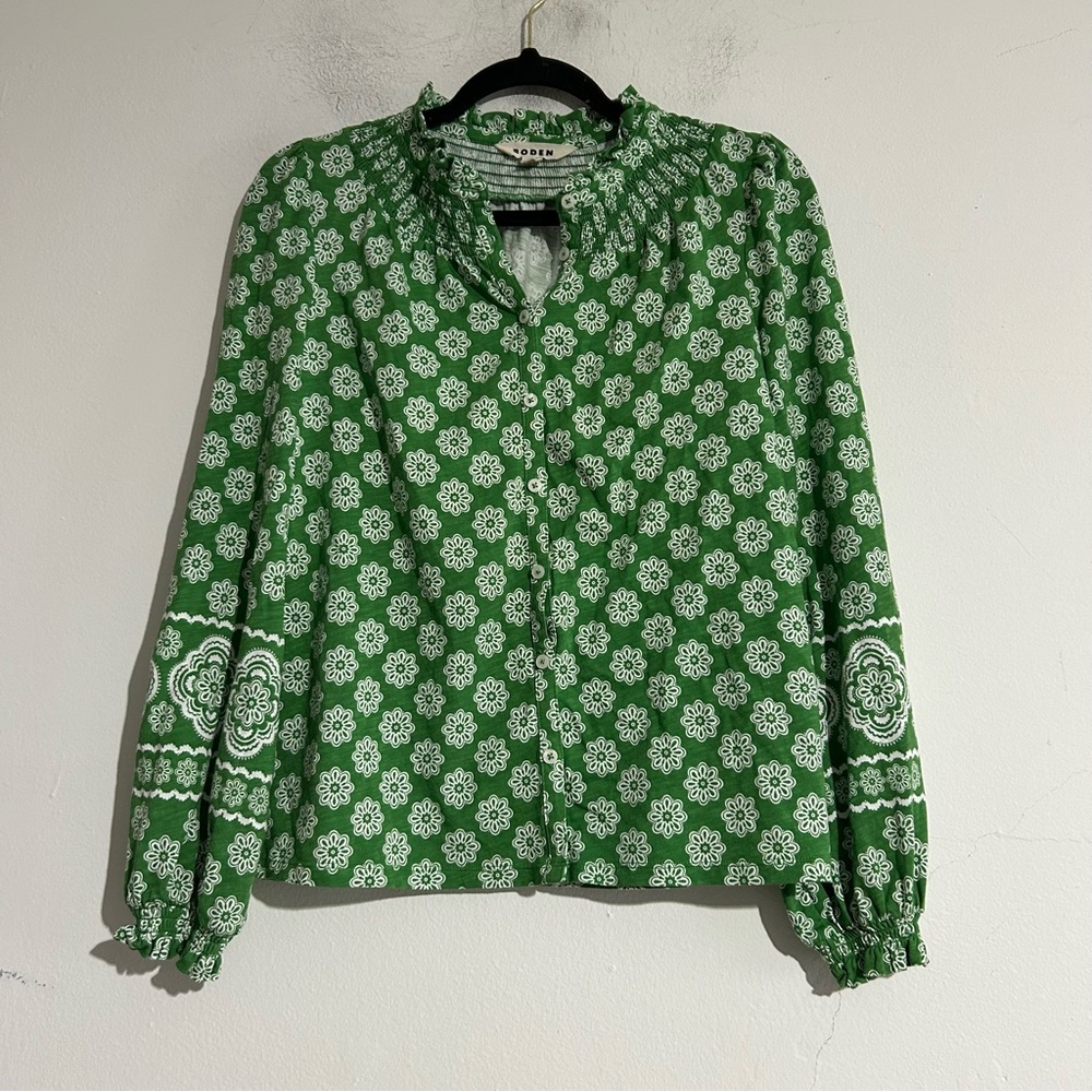 Boden Fay Smocked Jersey Shirt Green Floral Blockprint Size 6